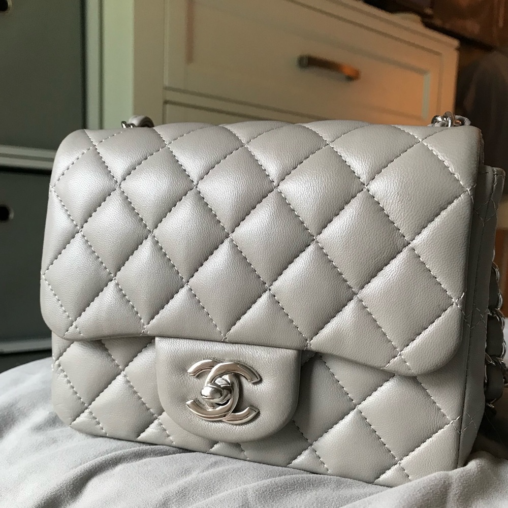 Authentic Chanel Mini Square Lambskin Grey Silver HW